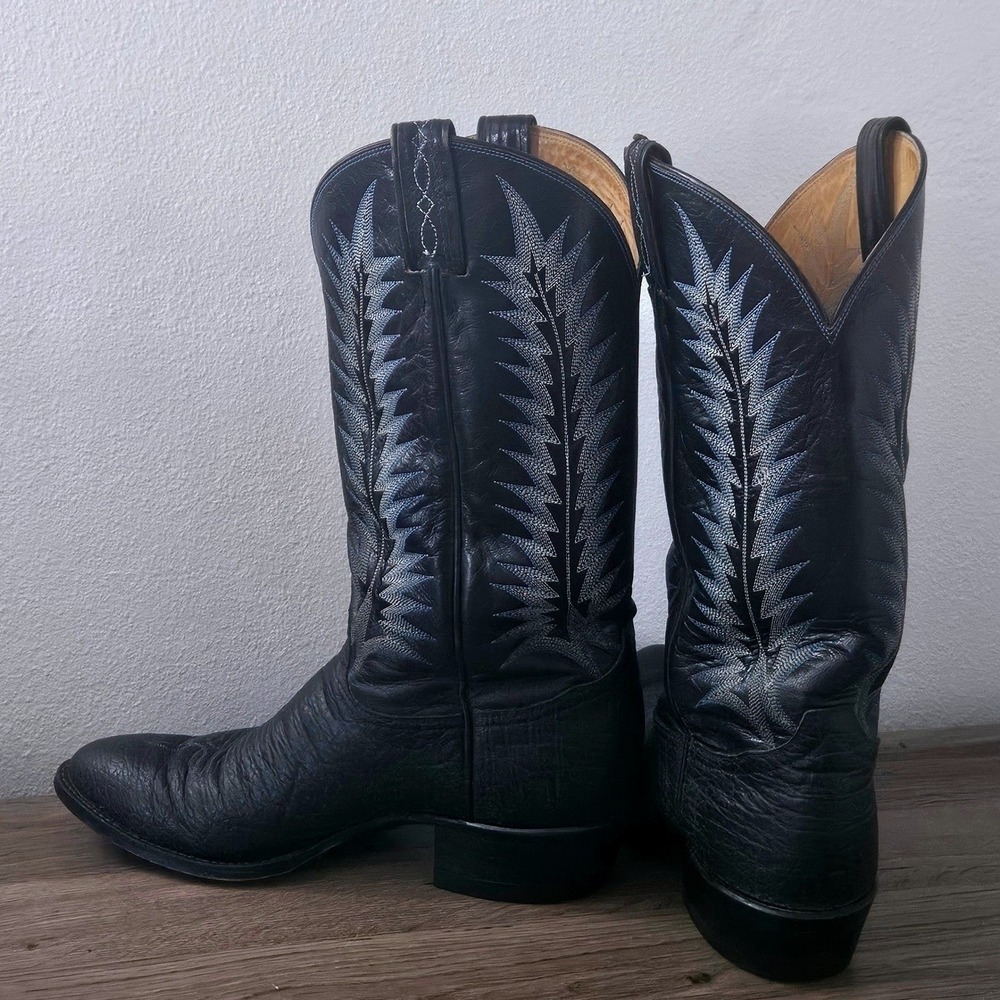 Black label vintage 8612 leather cowboy boots white blue stitching Tony Lama